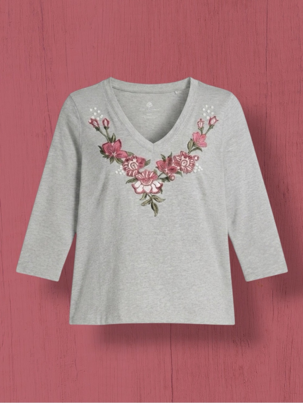 Charter Club Top Gray Pink Tee Shirt Floral Embroidered Cotton Grandmacore L